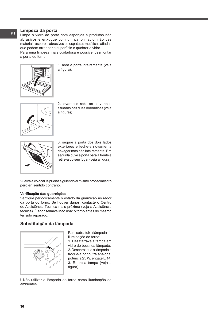 Limpeza da porta, Substituição da lâmpada | Indesit FMR-54-K.A-(AV) User Manual | Page 36 / 44