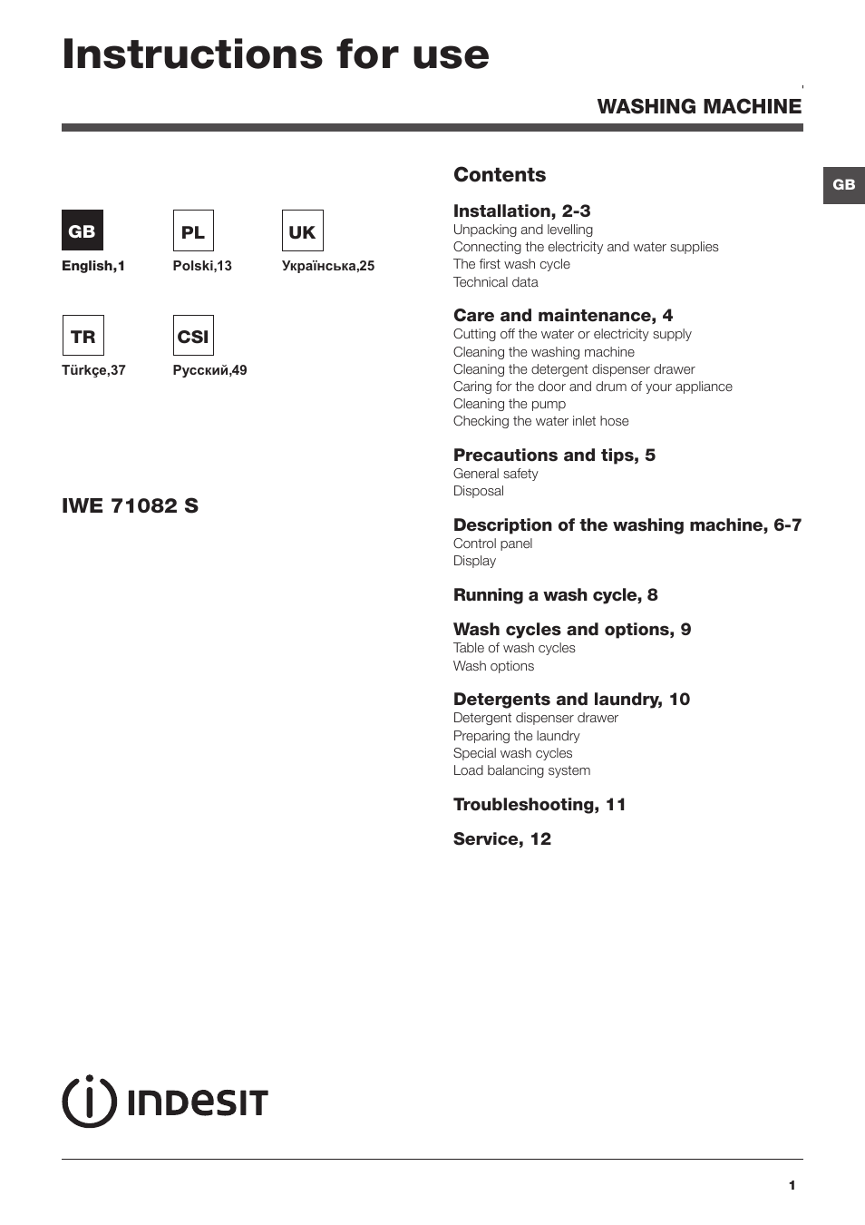 Indesit IWE-71082-S-C-ECO(EU User Manual | 60 pages