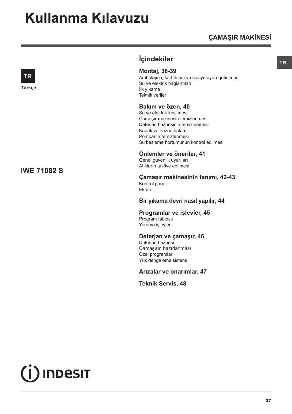 Kullanma kılavuzu, Içindekiler | Indesit IWE-71082-S-C-ECO(EU User Manual | Page 37 / 60