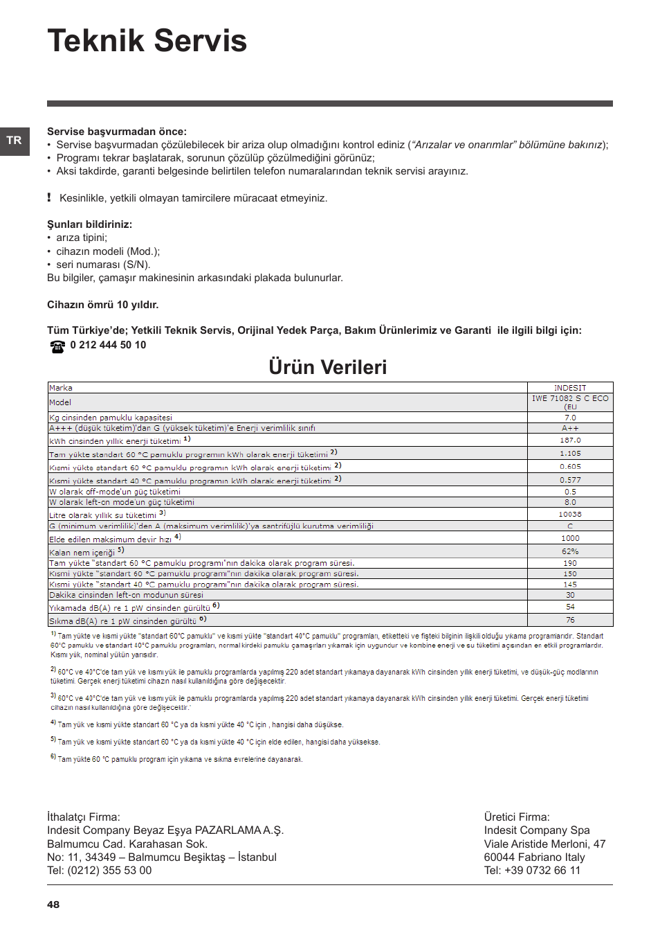 Teknik servis, Ürün verileri | Indesit IWE-71082-S-C-ECO(EU User Manual | Page 48 / 60