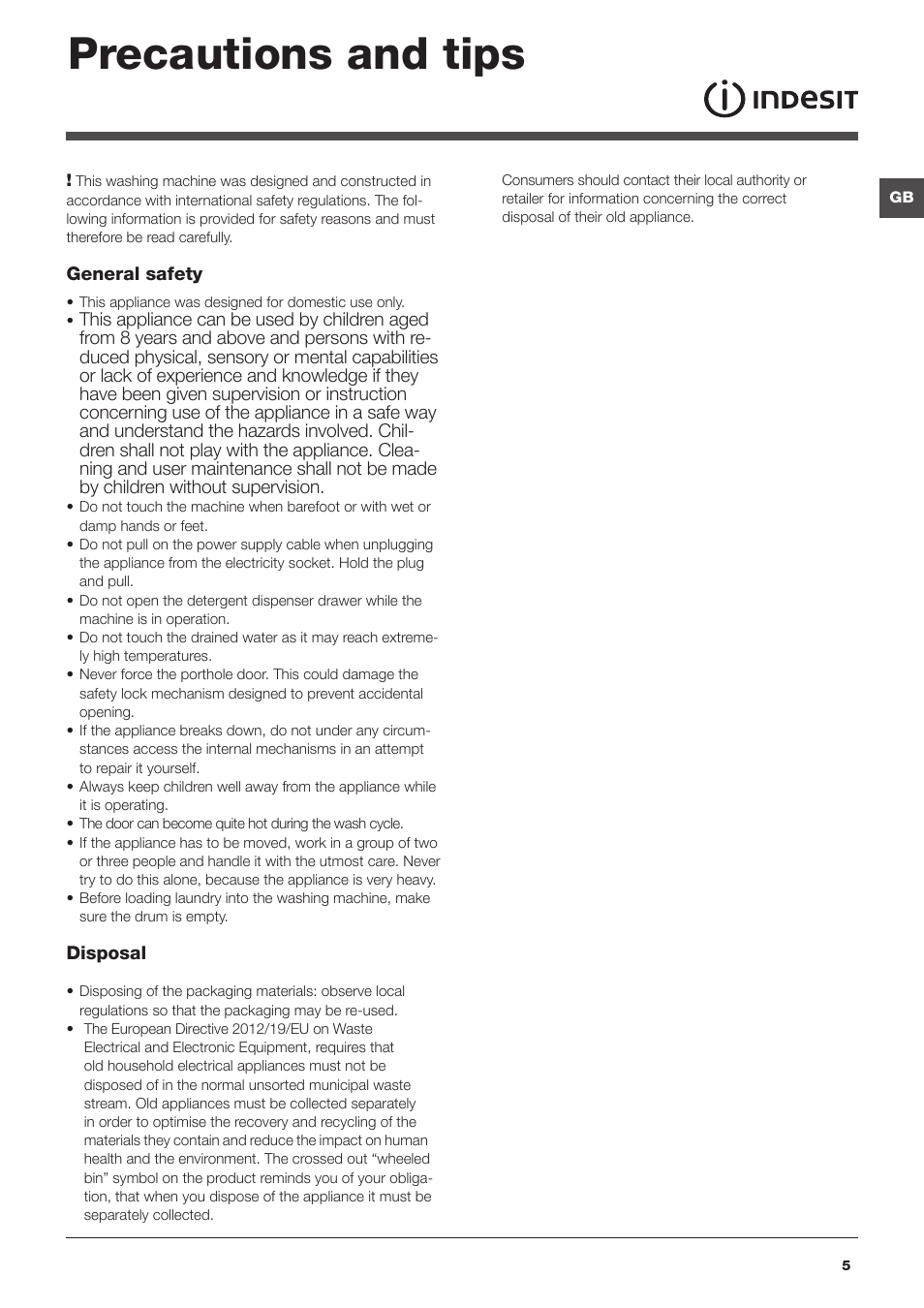 Precautions and tips | Indesit IWE-71082-S-C-ECO(EU User Manual | Page 5 / 60