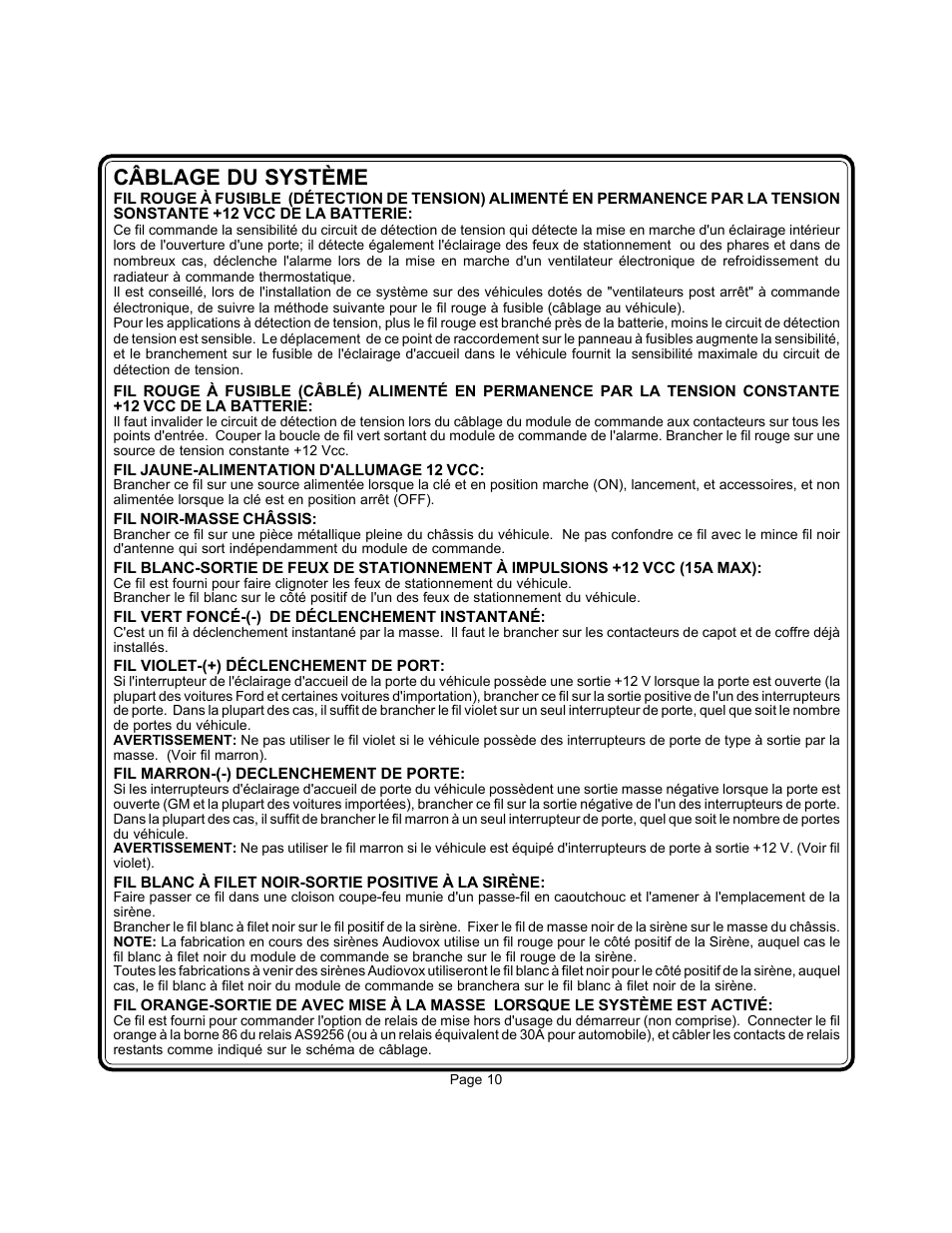 Câblage du système | Audiovox APS-15CL User Manual | Page 10 / 19