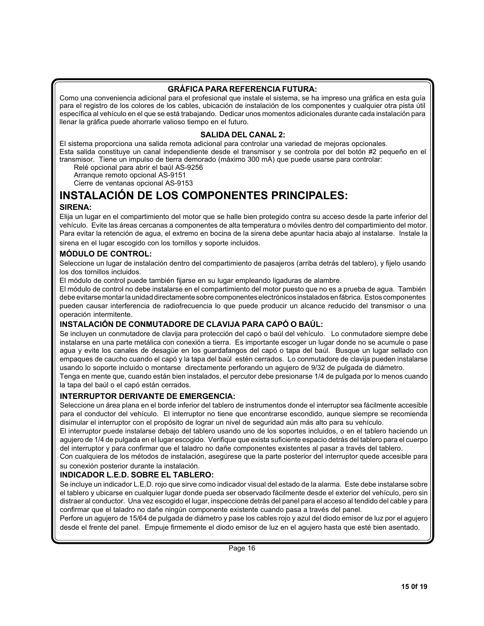 Instalación de los componentes principales | Audiovox APS-15CL User Manual | Page 15 / 19