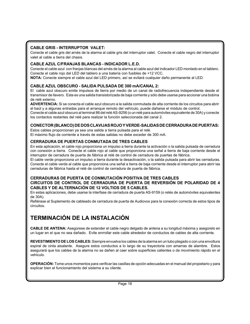 Terminación de la instalación | Audiovox APS-15CL User Manual | Page 17 / 19