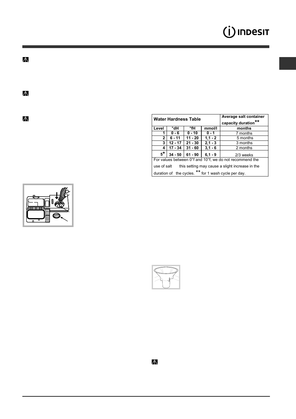 Rinse aid and refined salt, Measuring out the rinse aid, Measuring out the refined salt | Indesit DISP 5377 User Manual | Page 21 / 76