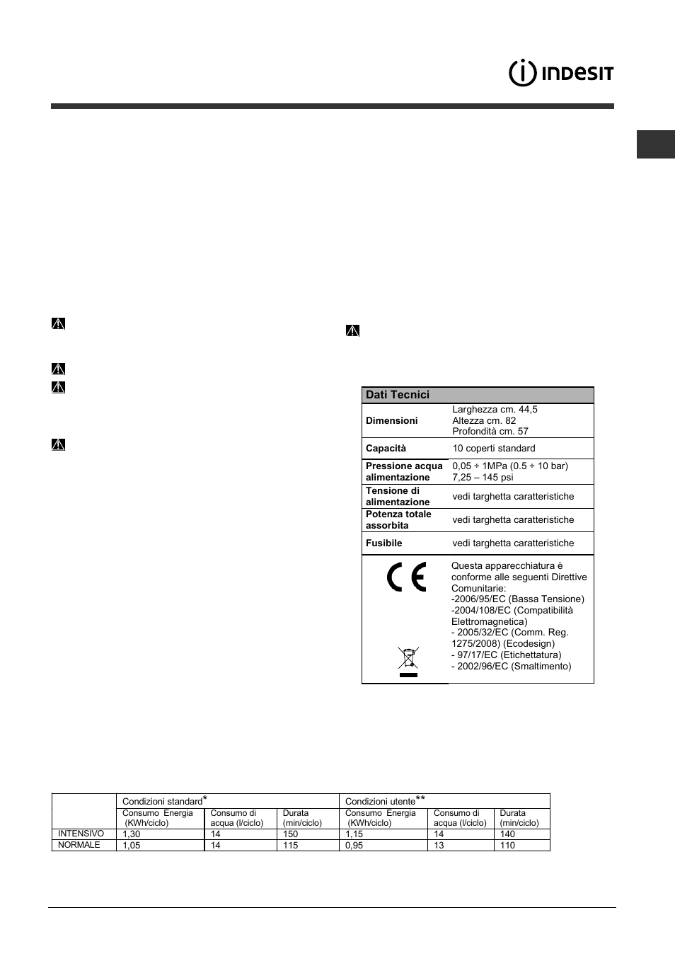 Avvertenze per il primo lavaggio | Indesit DISP 5377 User Manual | Page 3 / 76