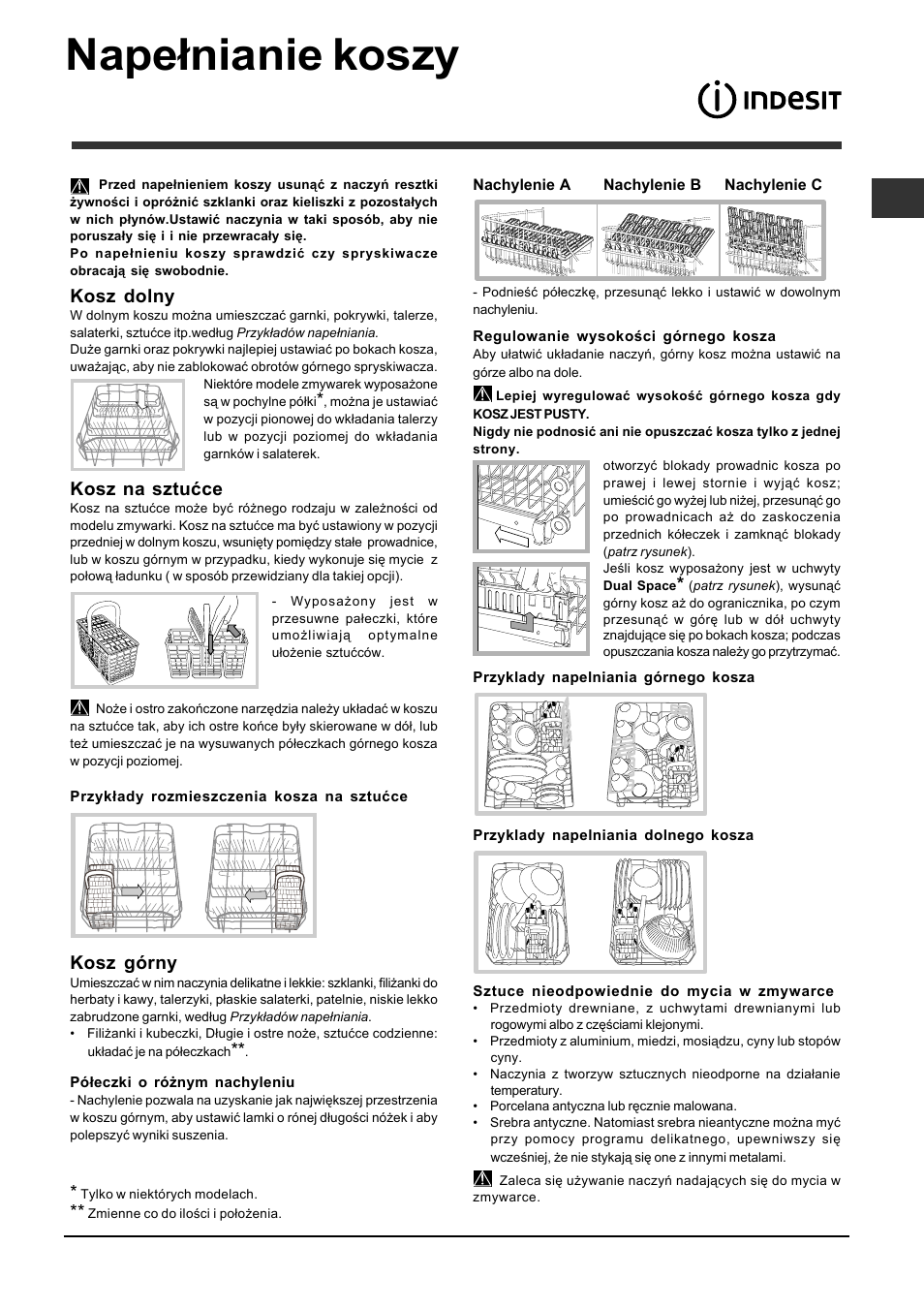 Napełnianie koszy, Kosz dolny, Kosz na sztućce | Kosz górny | Indesit DISP 5377 User Manual | Page 41 / 76