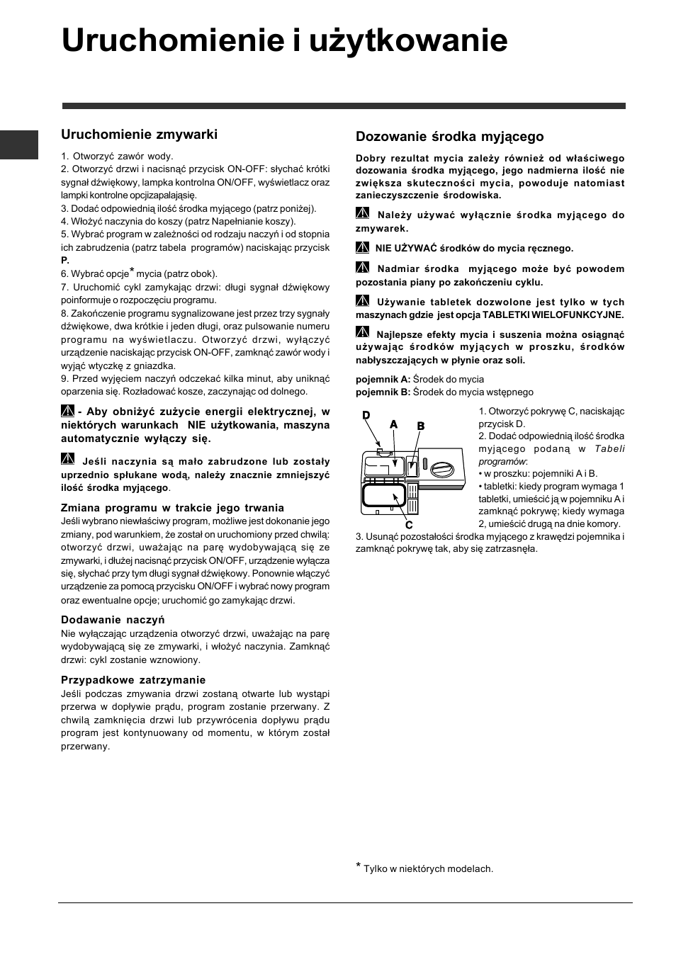 Uruchomienie i użytkowanie, Uruchomienie zmywarki, Dozowanie środka myjącego | Indesit DISP 5377 User Manual | Page 42 / 76