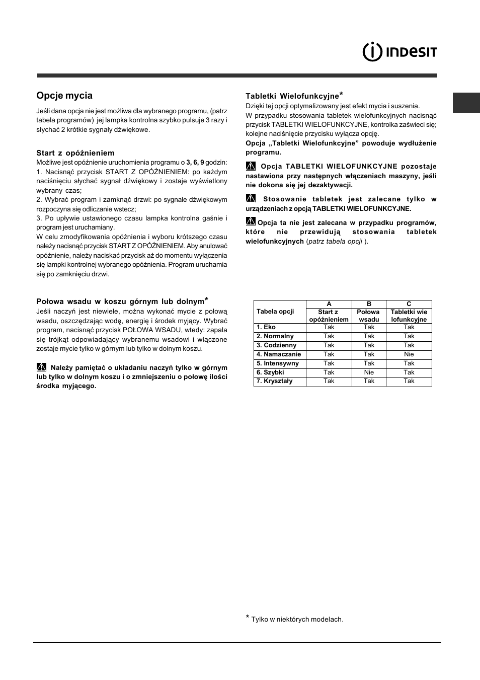 Opcje mycia | Indesit DISP 5377 User Manual | Page 43 / 76