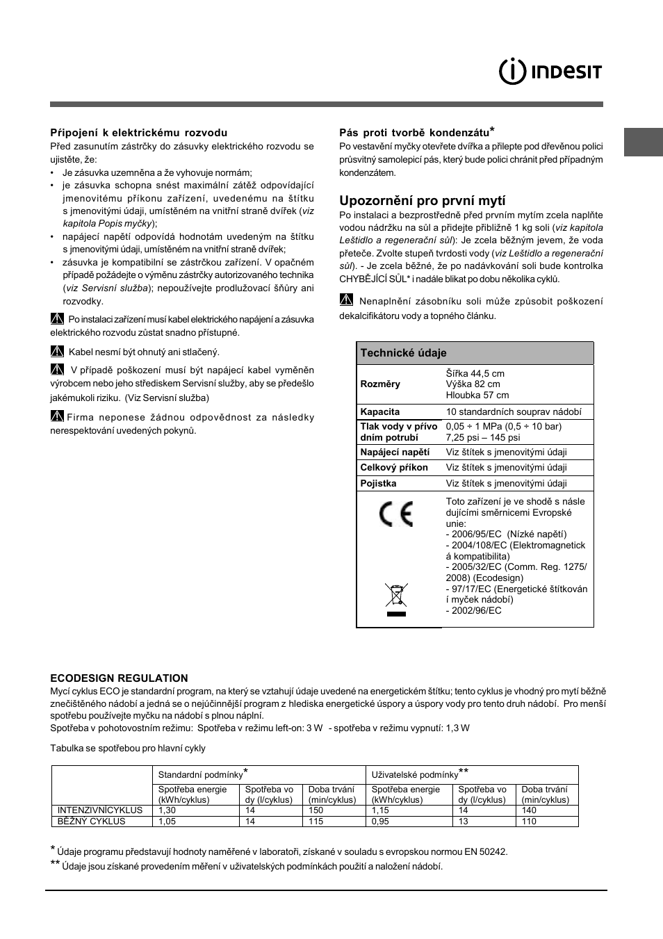 Upozornění pro první mytí | Indesit DISP 5377 User Manual | Page 51 / 76