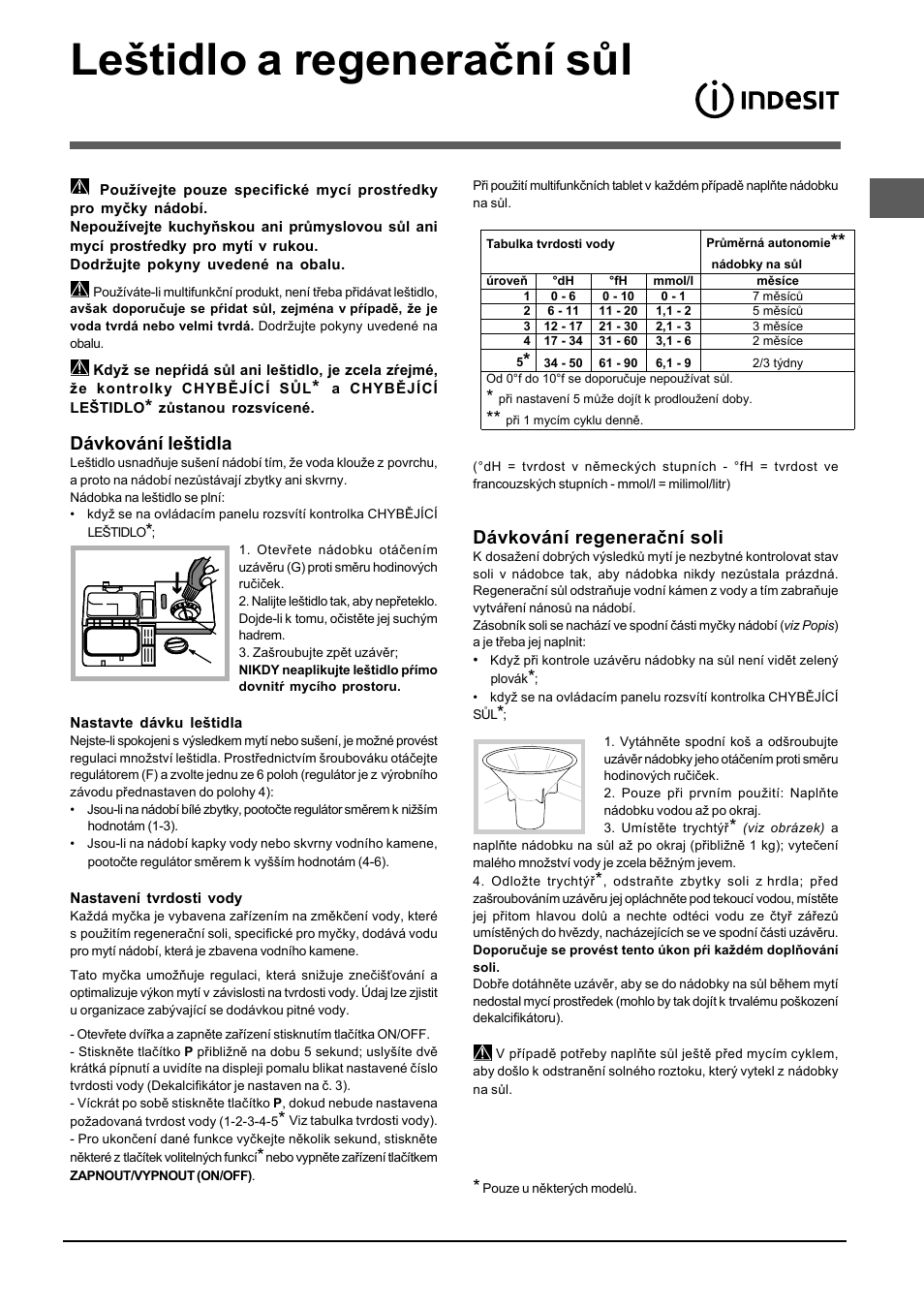 Leštidlo a regenerační sůl, Dávkování leštidla, Dávkování regenerační soli | Indesit DISP 5377 User Manual | Page 57 / 76