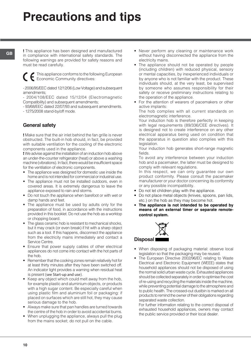 Precautions and tips, General safety, Disposal | Indesit VIB-644-C-E User Manual | Page 10 / 84