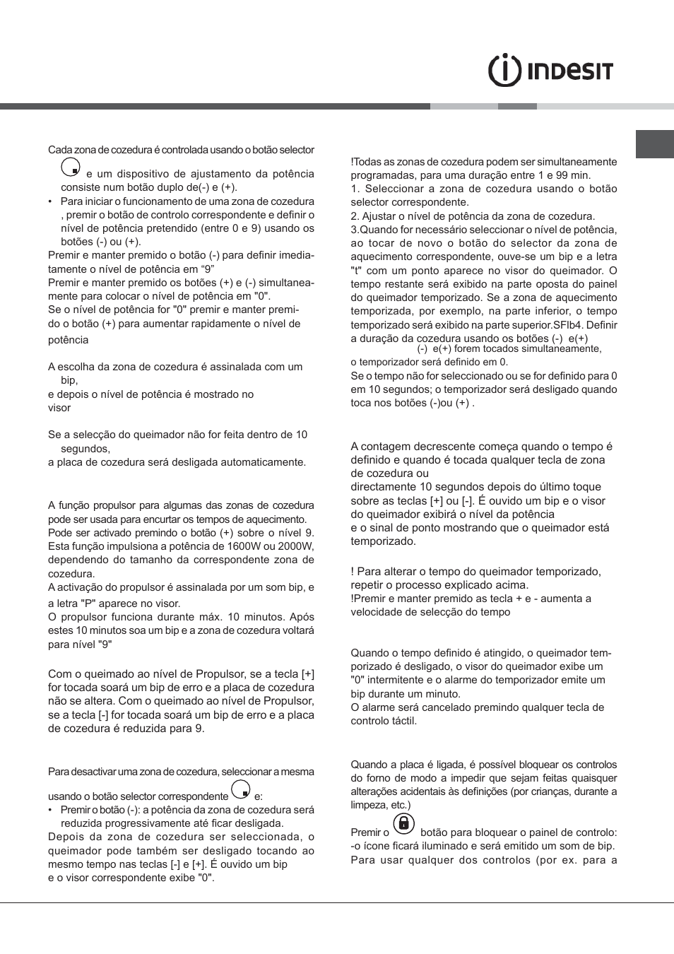 Activar as zonas de cozedura, Fervura rápida- “propulsor, Desactivar as zonas de cozedura | Usando o temporizador, Bloqueio do painel de controlo | Indesit VIB-644-C-E User Manual | Page 37 / 84