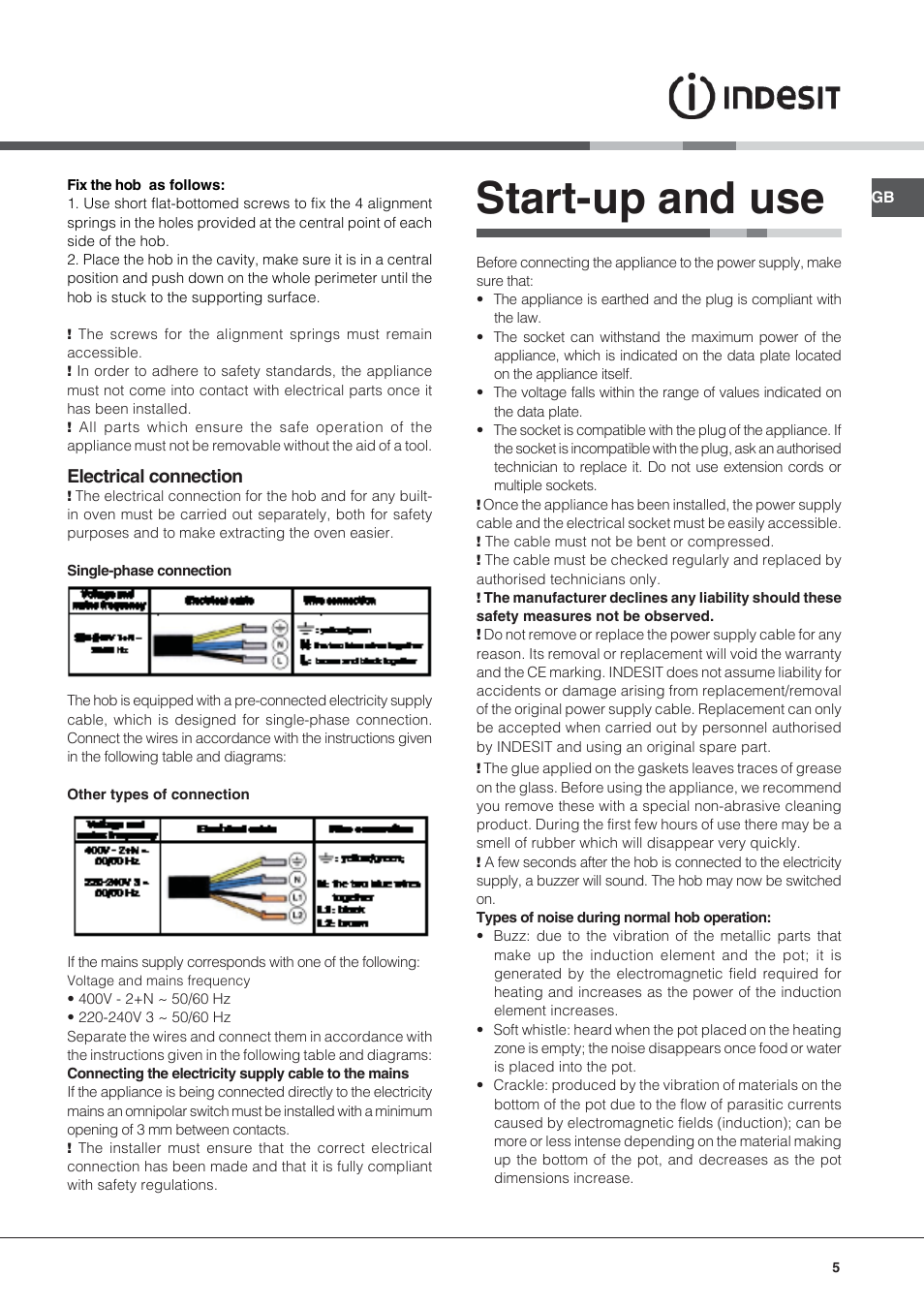 Start-up and use, Electrical connection | Indesit VIB-644-C-E User Manual | Page 5 / 84