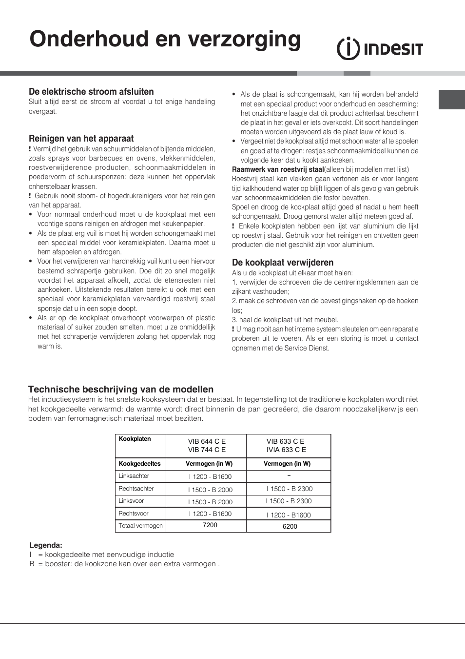 Onderhoud en verzorging, De elektrische stroom afsluiten, Reinigen van het apparaat | De kookplaat verwijderen, Technische beschrijving van de modellen | Indesit VIB-644-C-E User Manual | Page 51 / 84