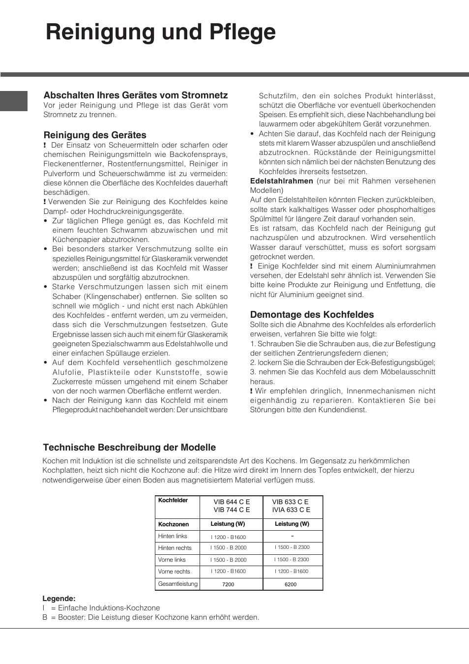 Reinigung und pflege, Abschalten ihres gerätes vom stromnetz, Reinigung des gerätes | Demontage des kochfeldes, Technische beschreibung der modelle | Indesit VIB-644-C-E User Manual | Page 62 / 84