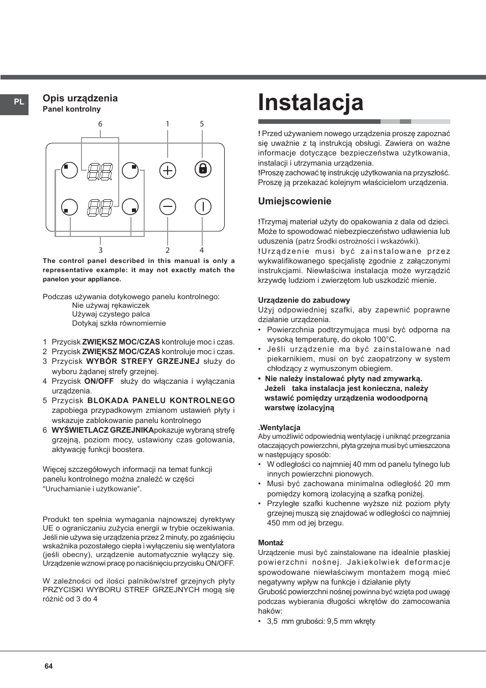 Instalacja, Opis urządzenia, Umiejscowienie | Indesit VIB-644-C-E User Manual | Page 64 / 84