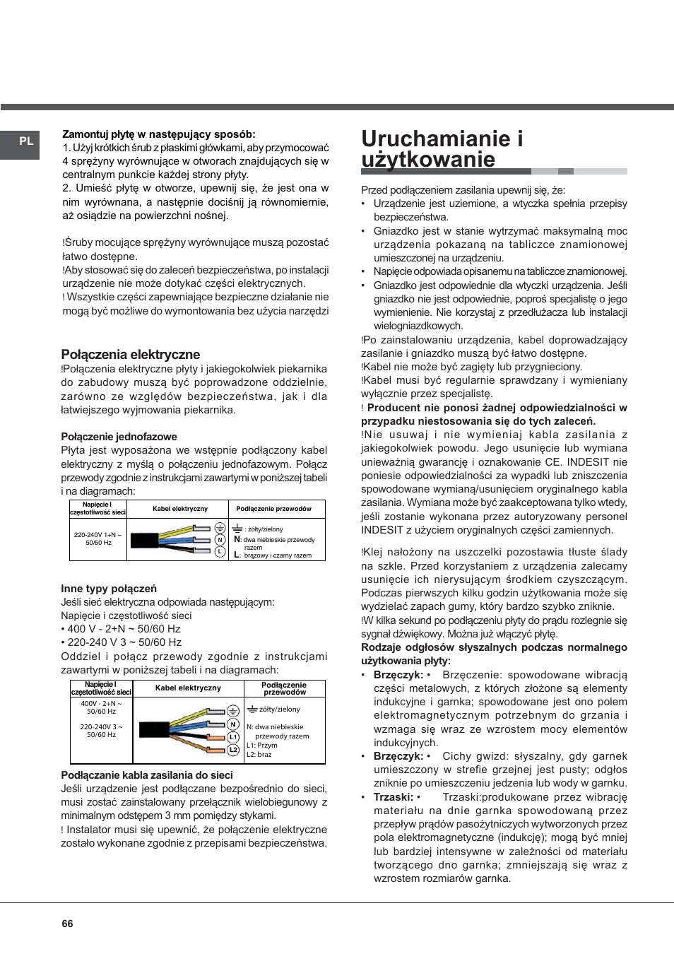 Uruchamianie i użytkowanie, Połączenia elektryczne | Indesit VIB-644-C-E User Manual | Page 66 / 84