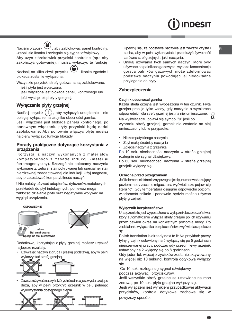 Zabezpieczenia, Wyłączanie płyty grzejnej | Indesit VIB-644-C-E User Manual | Page 69 / 84