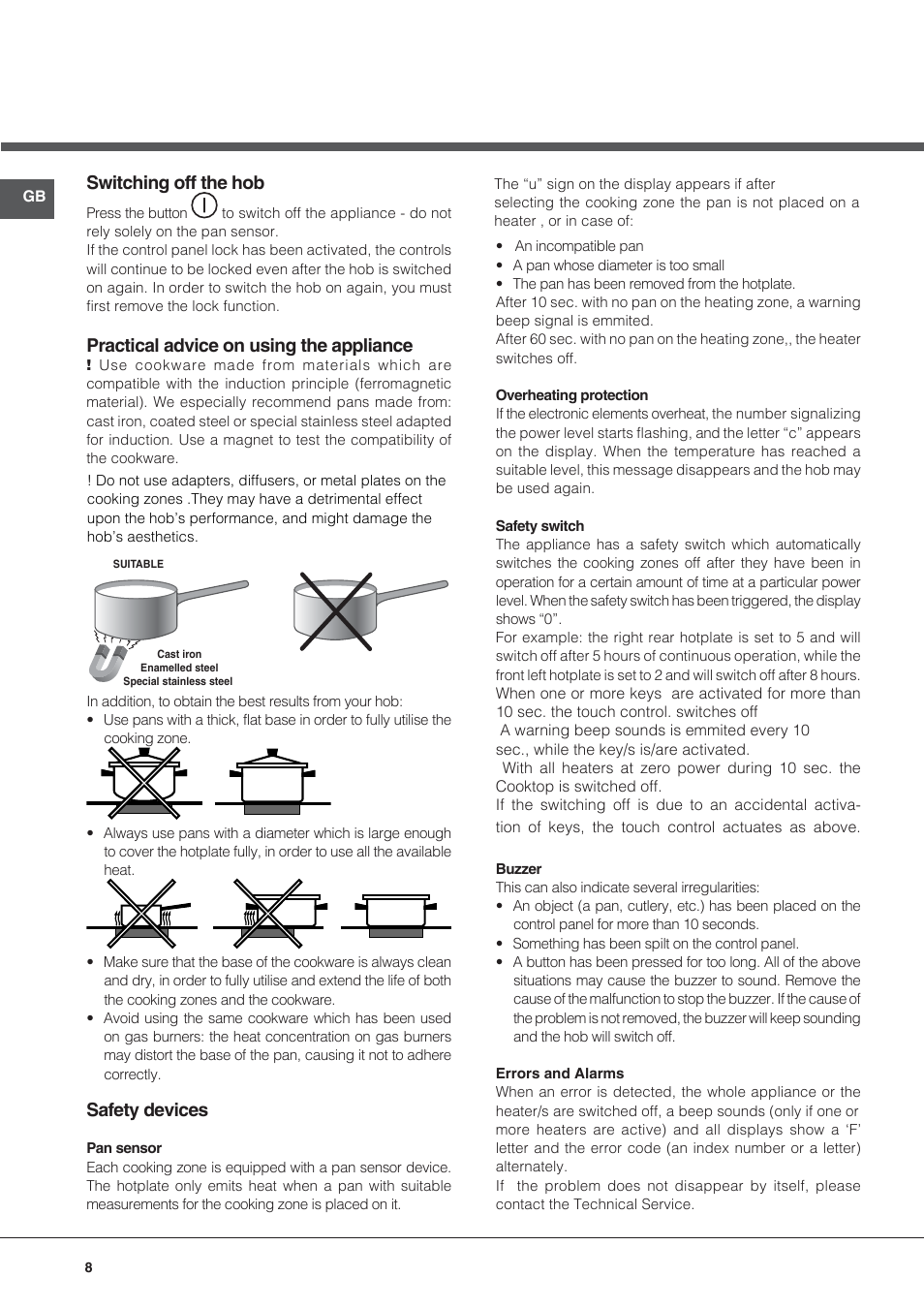 Practical advice on using the appliance, Safety devices, Switching off the hob | Indesit VIB-644-C-E User Manual | Page 8 / 84