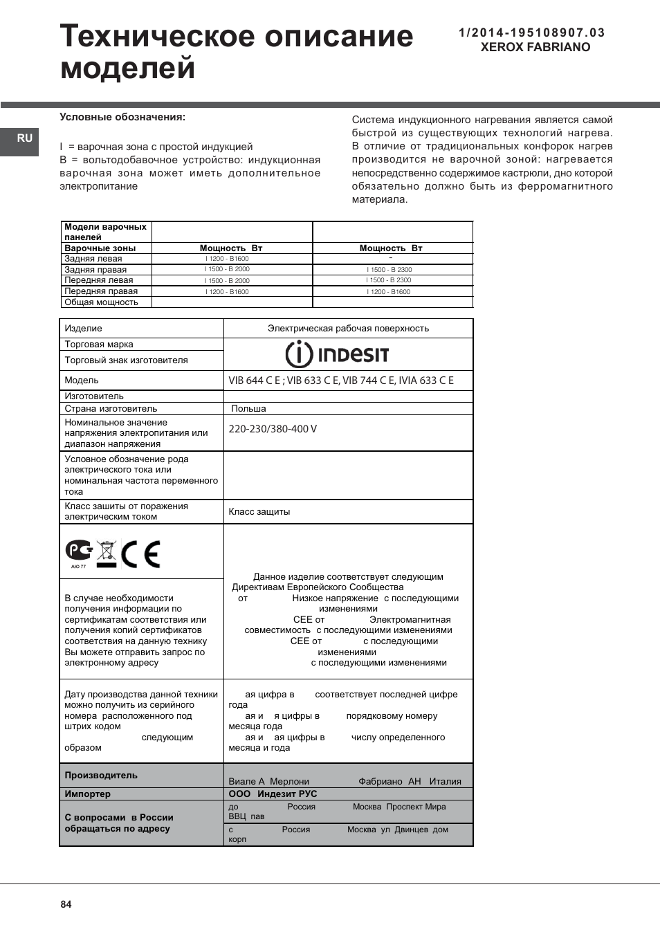 Техническое описание моделей | Indesit VIB-644-C-E User Manual | Page 84 / 84