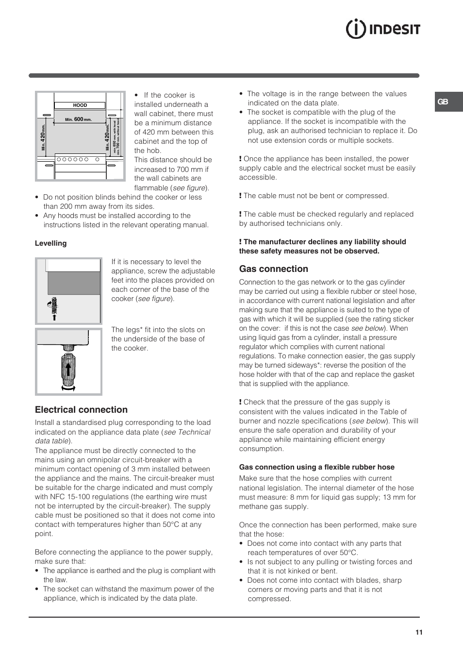 Electrical connection, Gas connection | Indesit KN3T76SA(X)-U-S User Manual | Page 11 / 76