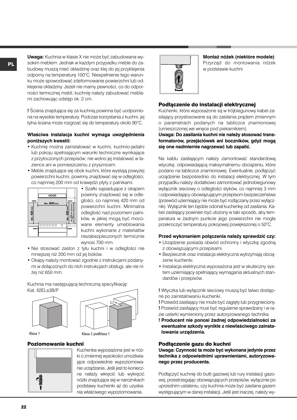 Poziomowanie kuchni, Pod∏àczenie do instalacji elektrycznej, Pod∏àczenie gazu do kuchni | Indesit KN3T76SA(X)-U-S User Manual | Page 22 / 76