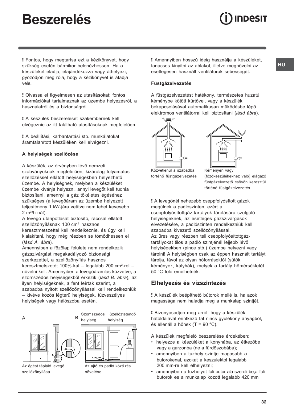 Beszerelés, Elhelyezés és vízszintezés | Indesit KN3T76SA(X)-U-S User Manual | Page 32 / 76