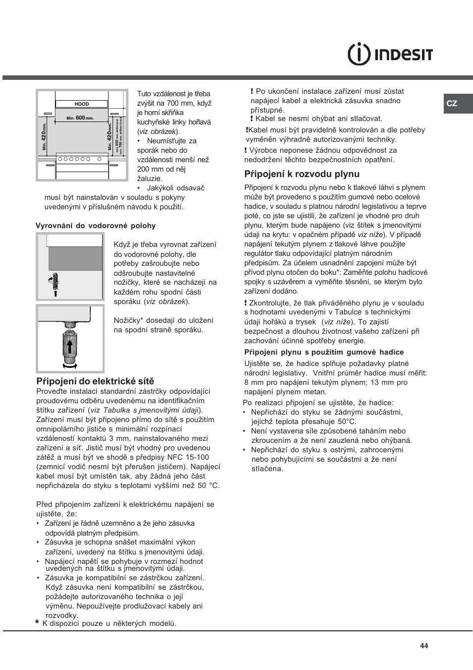 Pŕipojení do elektrické sítě, Pŕipojení k rozvodu plynu | Indesit KN3T76SA(X)-U-S User Manual | Page 44 / 76