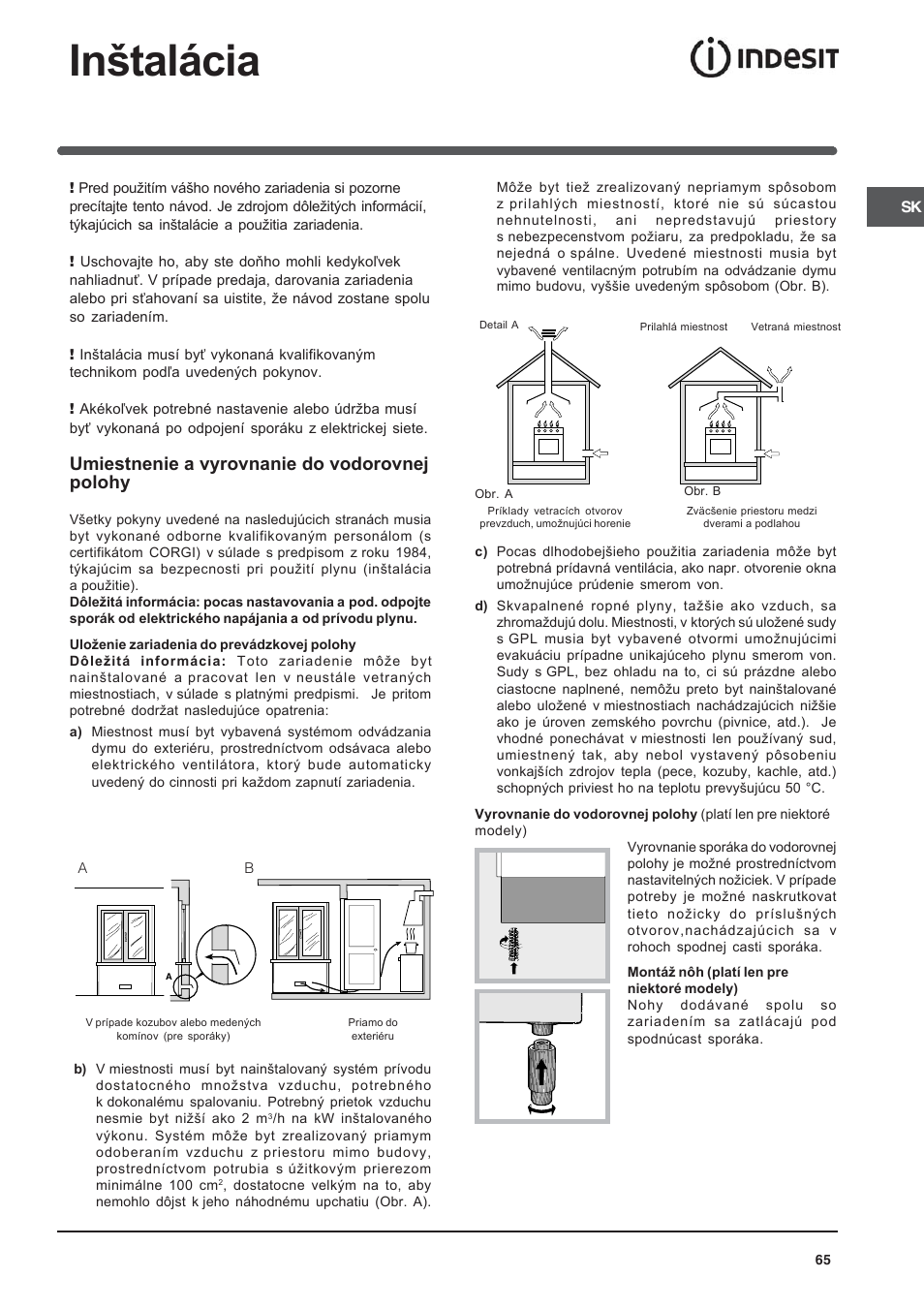 Inštalácia, Umiestnenie a vyrovnanie do vodorovnej polohy | Indesit KN3T76SA(X)-U-S User Manual | Page 65 / 76