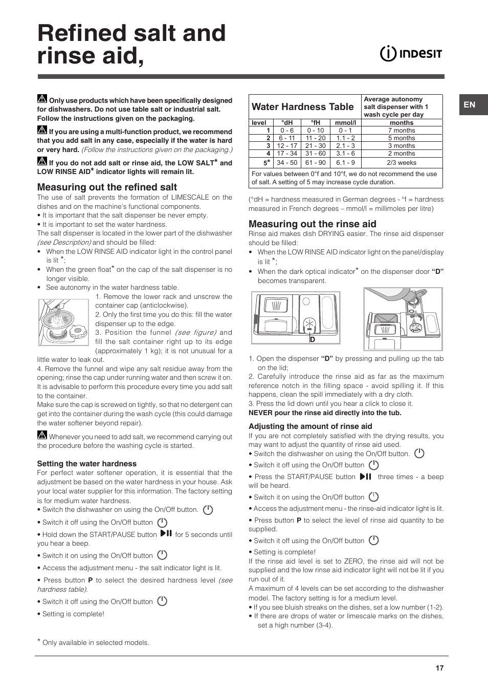 Refined salt and rinse aid, Measuring out the refined salt, Measuring out the rinse aid | Water hardness table | Indesit DFP-58T94-CA-NX-EU User Manual | Page 17 / 80