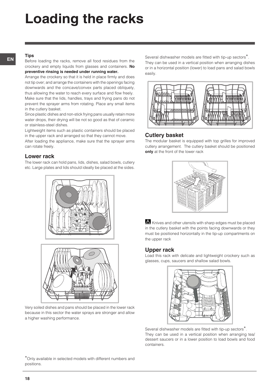 Loading the racks | Indesit DFP-58T94-CA-NX-EU User Manual | Page 18 / 80