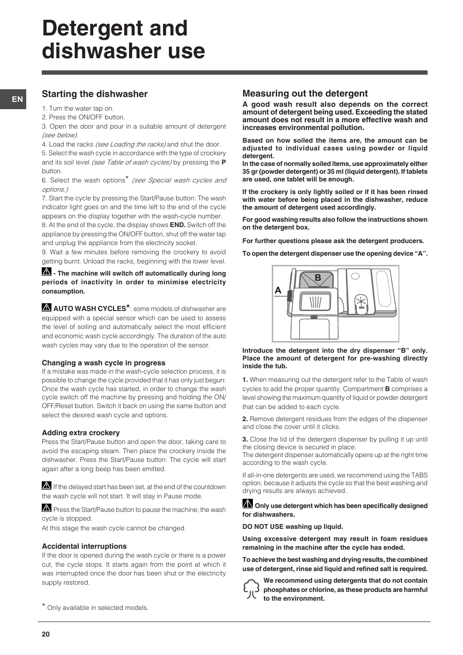 Detergent and dishwasher use, Measuring out the detergent, Starting the dishwasher | Indesit DFP-58T94-CA-NX-EU User Manual | Page 20 / 80