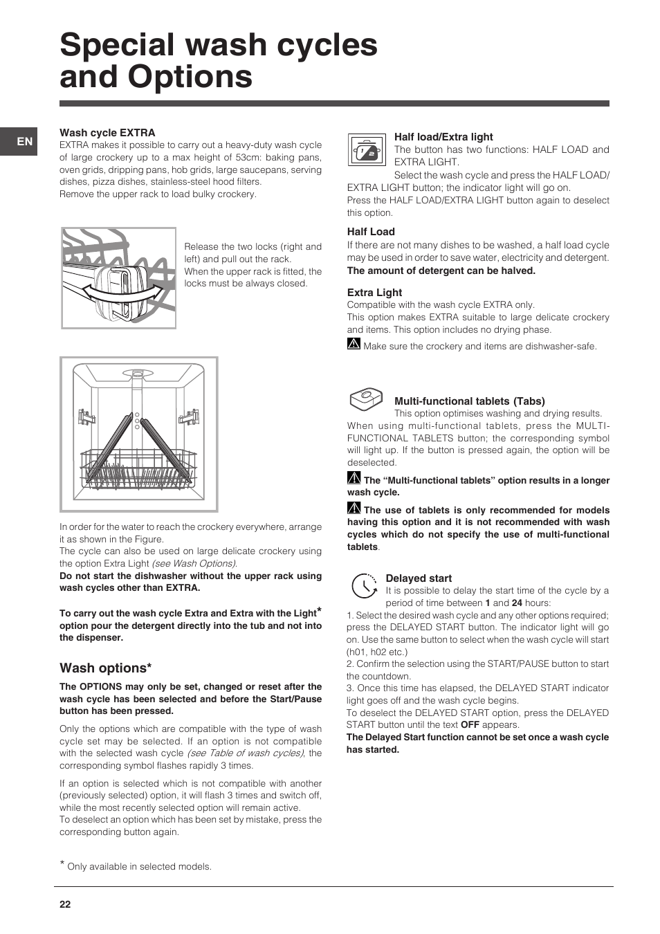 Special wash cycles and options | Indesit DFP-58T94-CA-NX-EU User Manual | Page 22 / 80
