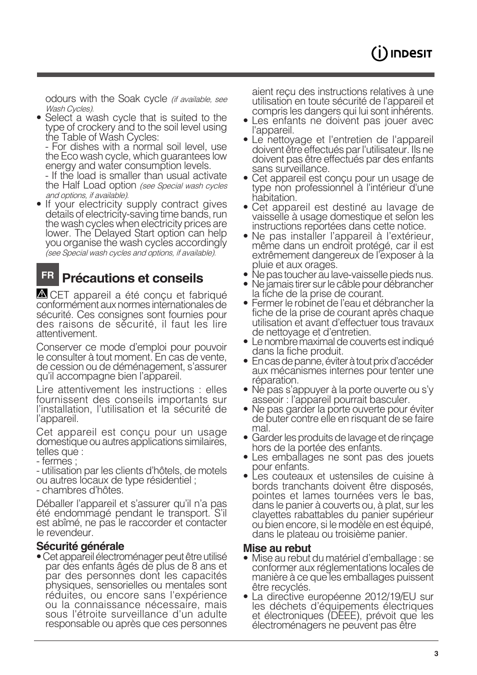 Précautions et conseils | Indesit DFP-58T94-CA-NX-EU User Manual | Page 3 / 80