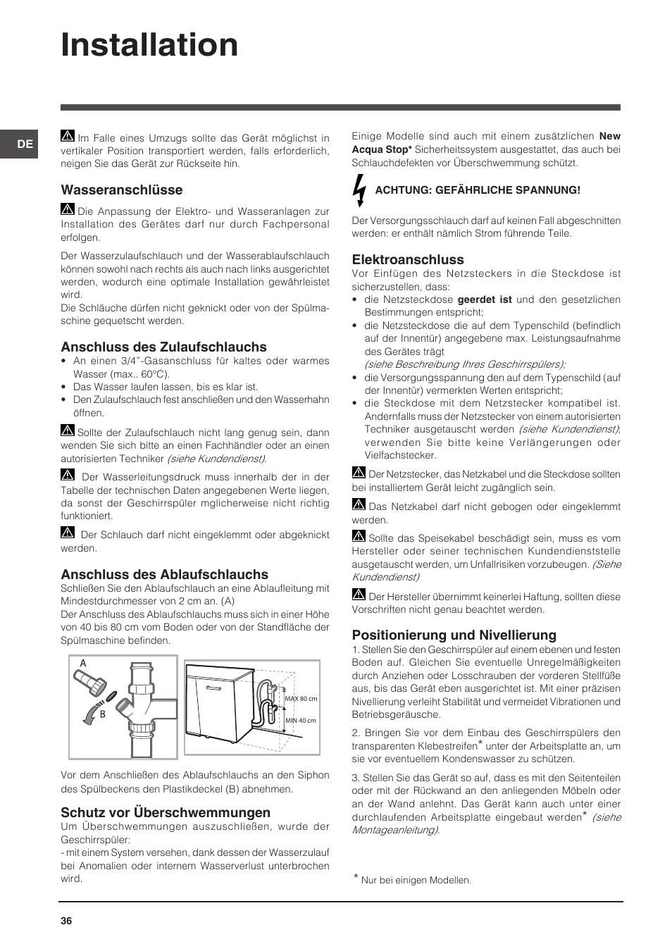 126237_de, Installation, Wasseranschlüsse | Anschluss des zulaufschlauchs, Anschluss des ablaufschlauchs, Schutz vor überschwemmungen, Elektroanschluss, Positionierung und nivellierung | Indesit DFP-58T94-CA-NX-EU User Manual | Page 36 / 80