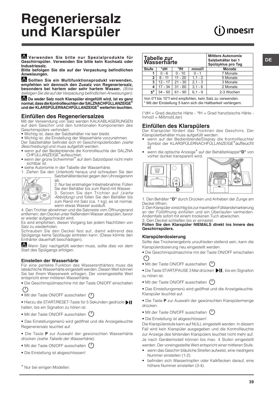 Regeneriersalz und klarspüler, Einfüllen des regeneriersalzes, Einfüllen des klarspülers | Tabelle zur wasserhärte | Indesit DFP-58T94-CA-NX-EU User Manual | Page 39 / 80