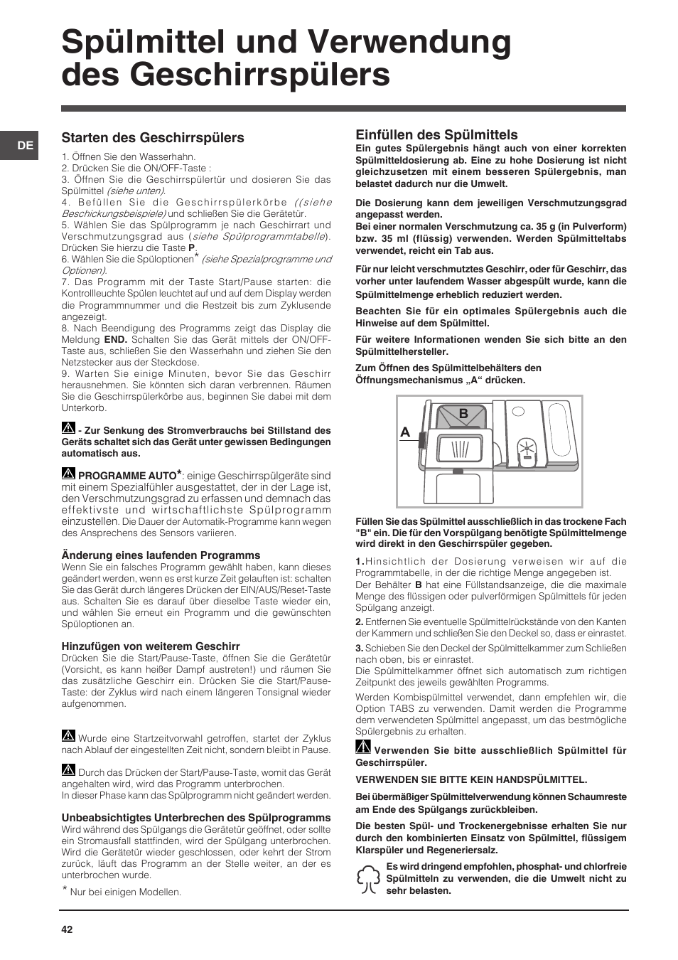 Spülmittel und verwendung des geschirrspülers, Einfüllen des spülmittels, Starten des geschirrspülers | Indesit DFP-58T94-CA-NX-EU User Manual | Page 42 / 80