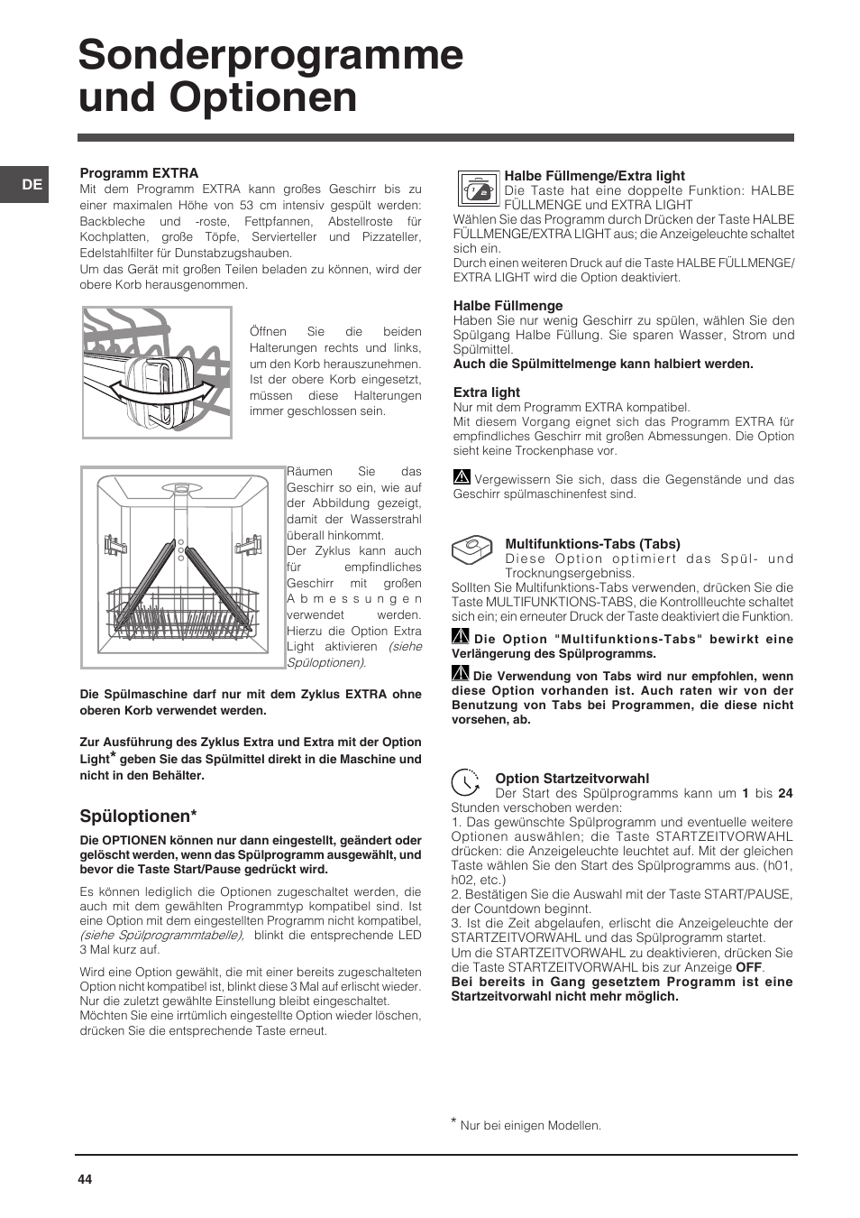 Sonderprogramme und optionen, Spüloptionen | Indesit DFP-58T94-CA-NX-EU User Manual | Page 44 / 80