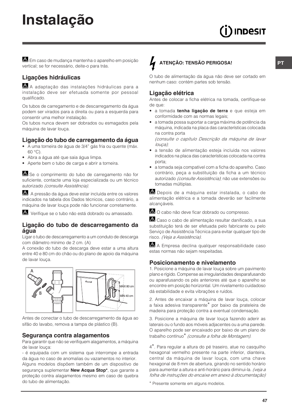 126237_pt, Instalação, Ligações hidráulicas | Ligação do tubo de carregamento da água, Ligação do tubo de descarregamento da água, Segurança contra alagamentos, Ligação elétrica, Posicionamento e nivelamento | Indesit DFP-58T94-CA-NX-EU User Manual | Page 47 / 80