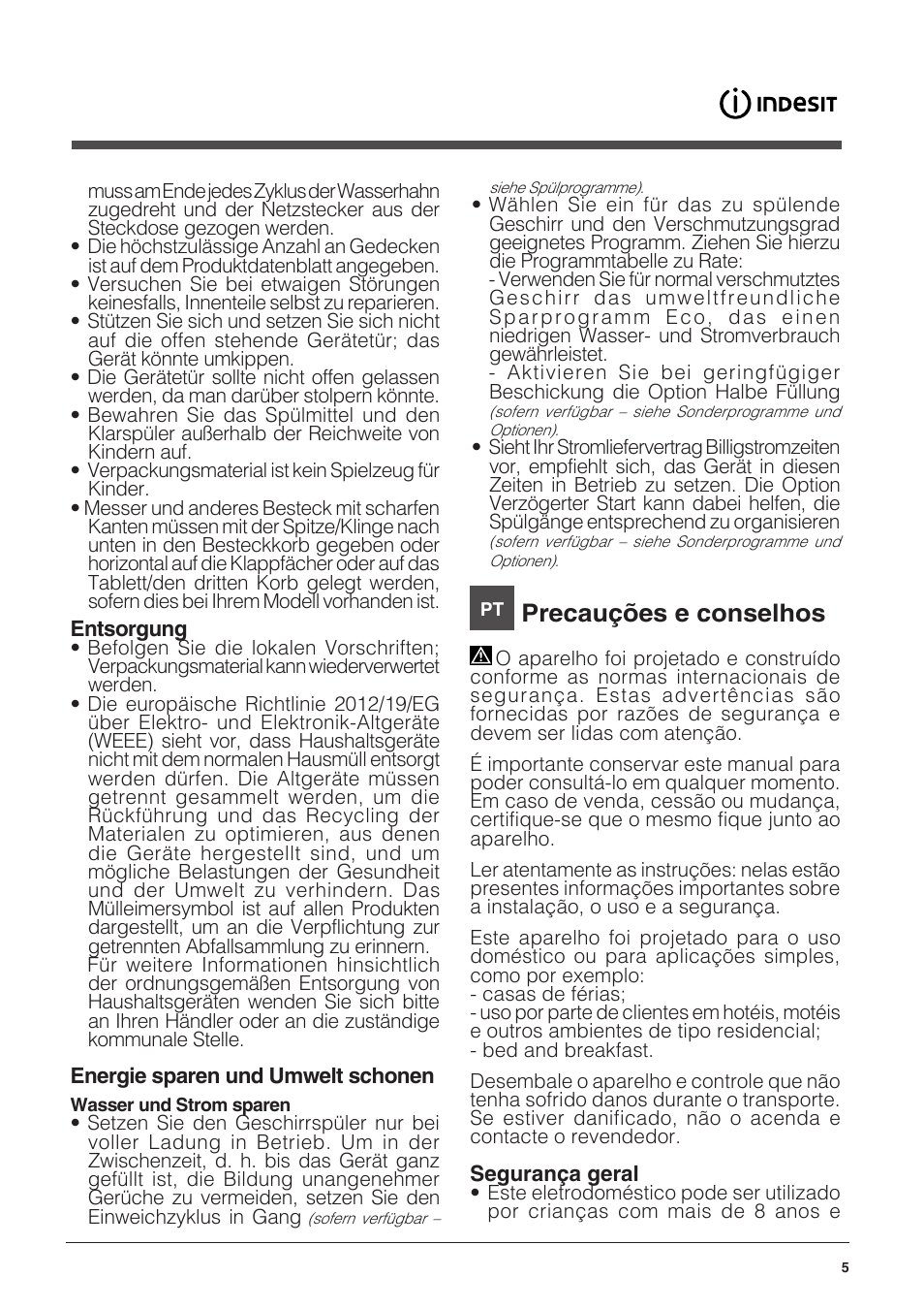 Precauções e conselhos | Indesit DFP-58T94-CA-NX-EU User Manual | Page 5 / 80