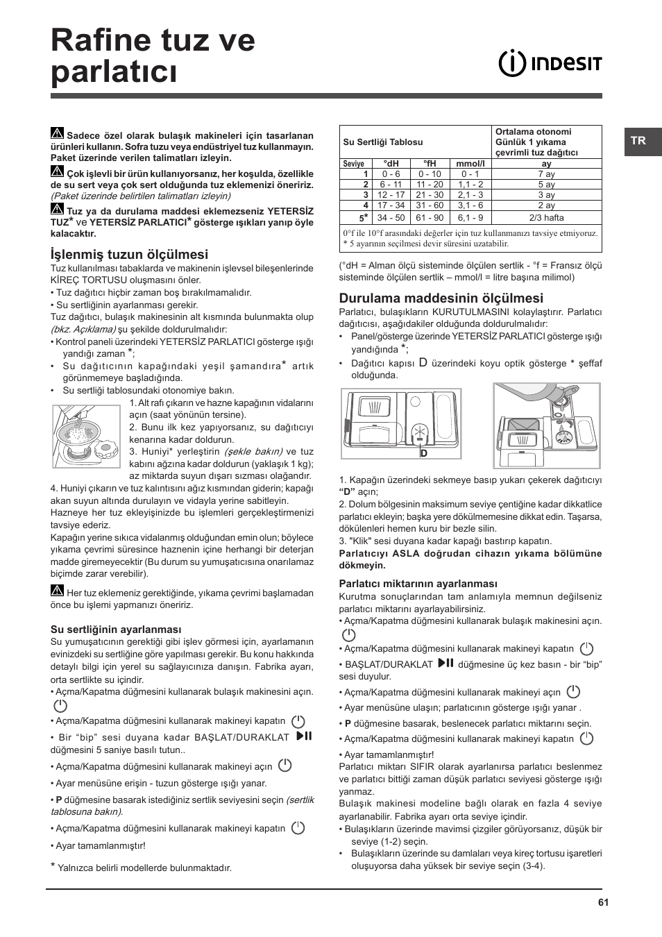 Rafine tuz ve parlatıcı, Işlenmiş tuzun ölçülmesi, Durulama maddesinin ölçülmesi | Indesit DFP-58T94-CA-NX-EU User Manual | Page 61 / 80