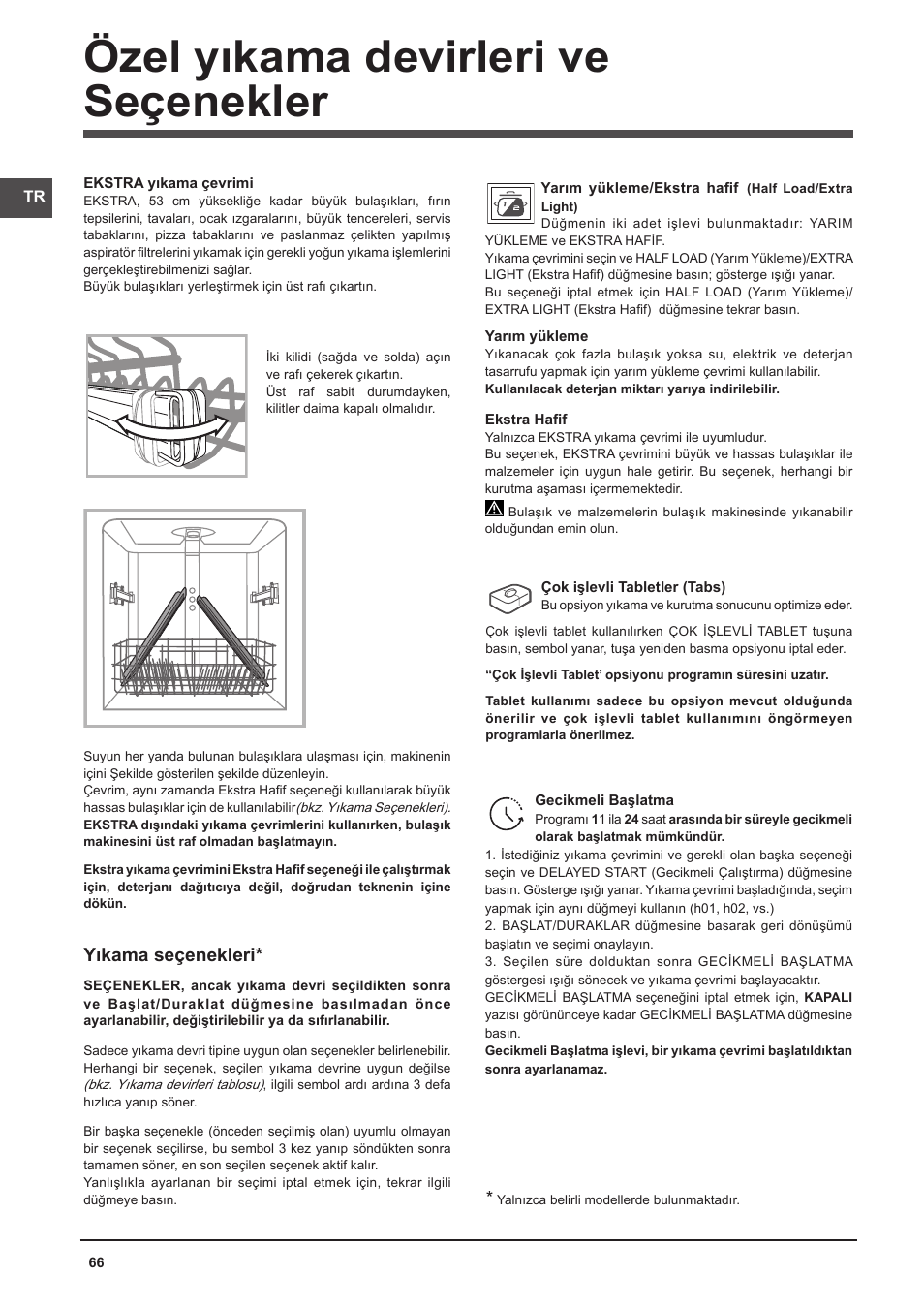 Özel yıkama devirleri ve seçenekler, Yıkama seçenekleri | Indesit DFP-58T94-CA-NX-EU User Manual | Page 66 / 80