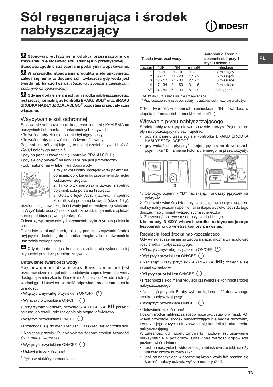 Sól regenerująca i środek nabłyszczający, Wsypywanie soli ochronnej, Wlewanie płynu nabłyszczającego | Indesit DFP-58T94-CA-NX-EU User Manual | Page 73 / 80