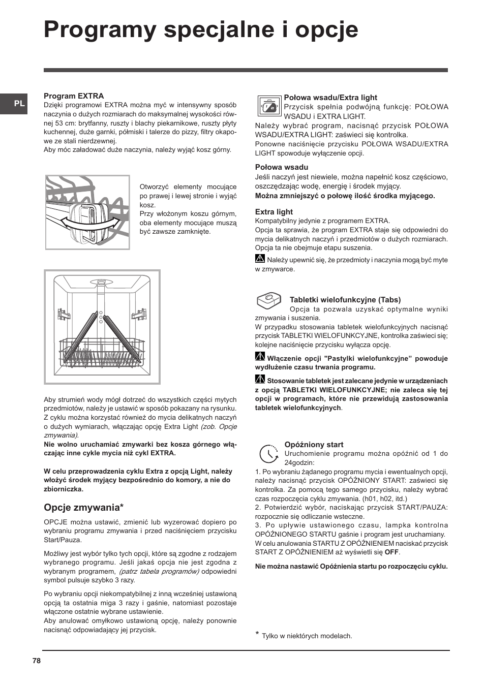Programy specjalne i opcje, Opcje zmywania | Indesit DFP-58T94-CA-NX-EU User Manual | Page 78 / 80