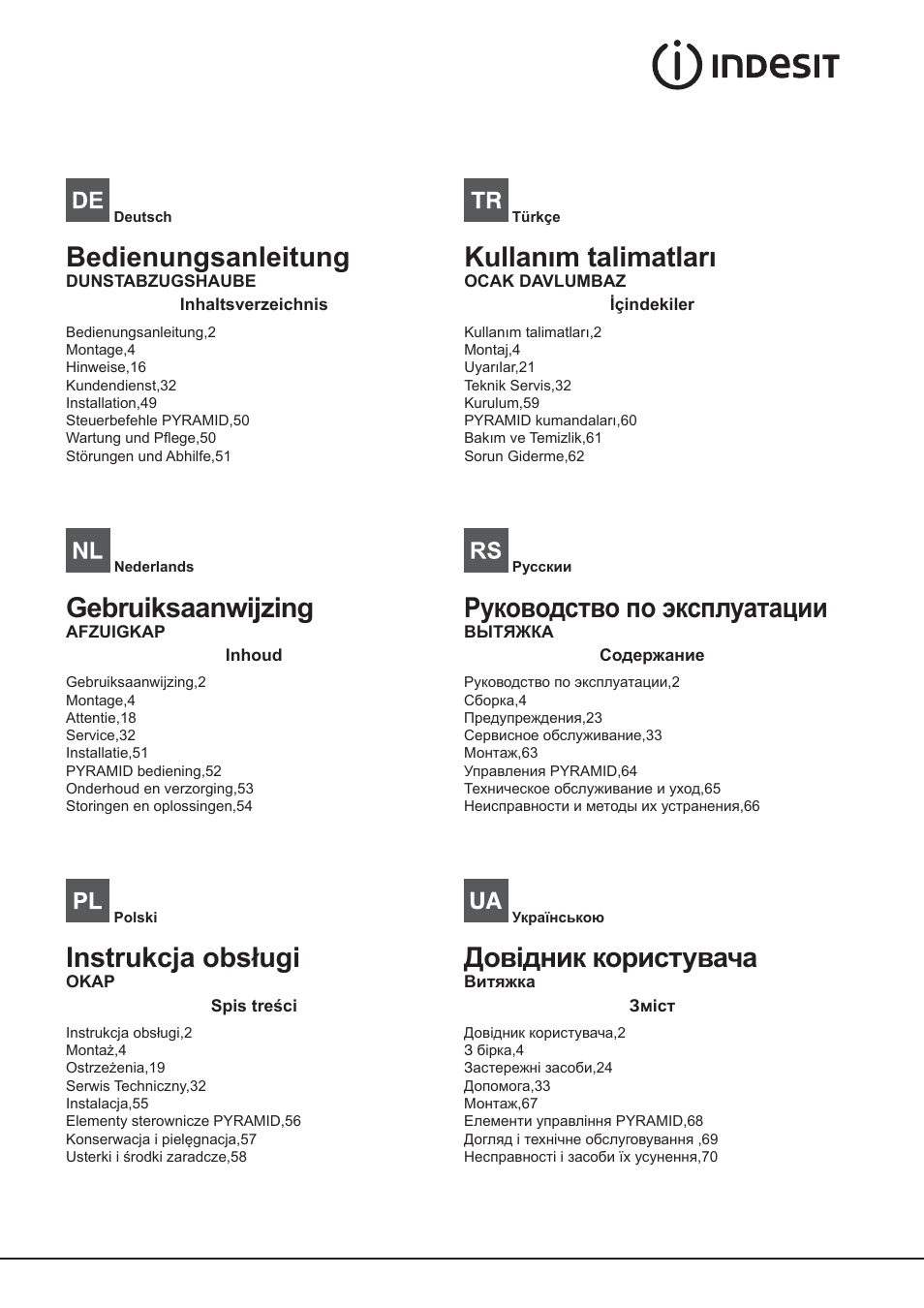 Gebruiksaanwijzing, Instrukcja obsługi, Kullanım talimatları | Руководство по эксплуатации, Довідник користувача, Bedienungsanleitung | Indesit IHP-9.5-C-M-IX User Manual | Page 2 / 80