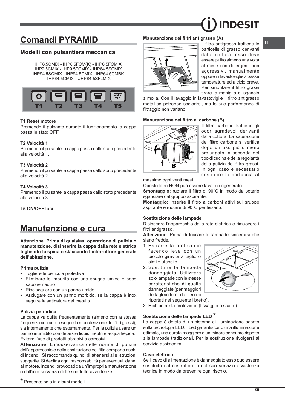 Comandi pyramid, Manutenzione e cura | Indesit IHP-9.5-C-M-IX User Manual | Page 35 / 80