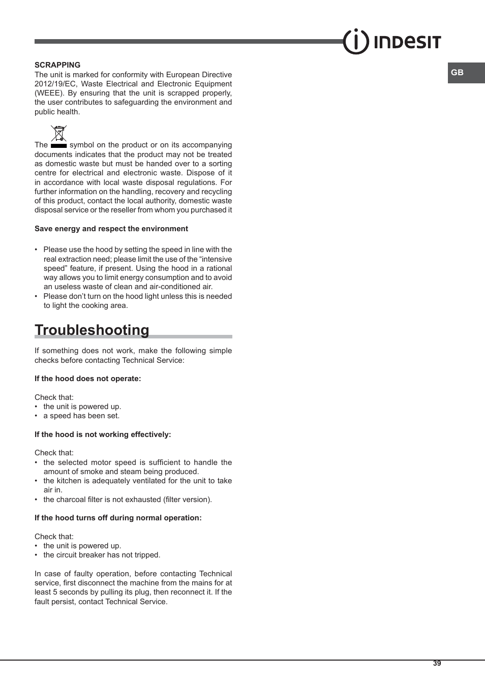 Troubleshooting | Indesit IHP-9.5-C-M-IX User Manual | Page 39 / 80