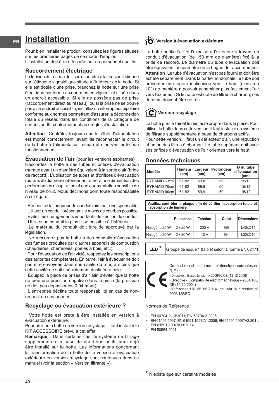 Installation, Raccordement électrique, Évacuation de l'air | Recyclage ou évacuation extérieure, Données techniques | Indesit IHP-9.5-C-M-IX User Manual | Page 40 / 80