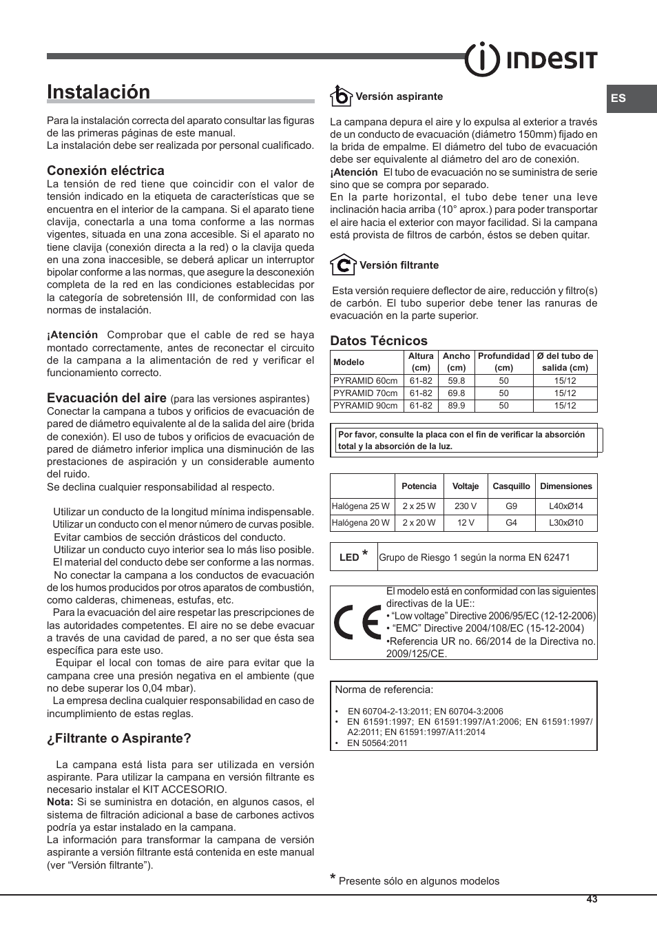 Instalación, Conexión eléctrica, Evacuación del aire | Filtrante o aspirante, Datos técnicos | Indesit IHP-9.5-C-M-IX User Manual | Page 43 / 80